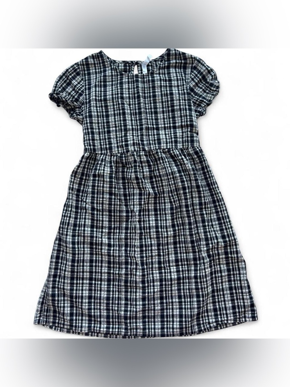 RVCA Black and White Plaid Short Puff Sleeve Dress